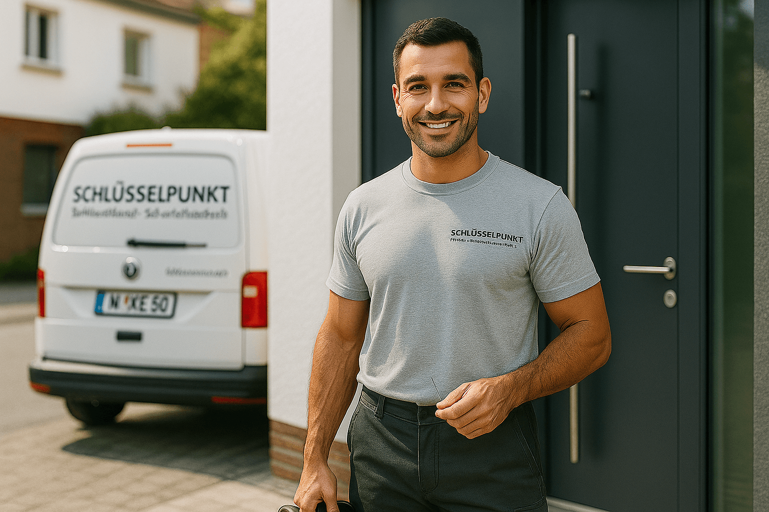 Schlüsseldienst-Mitarbeiter öffnet eine Haustür in Velbert, freundlich und professionell